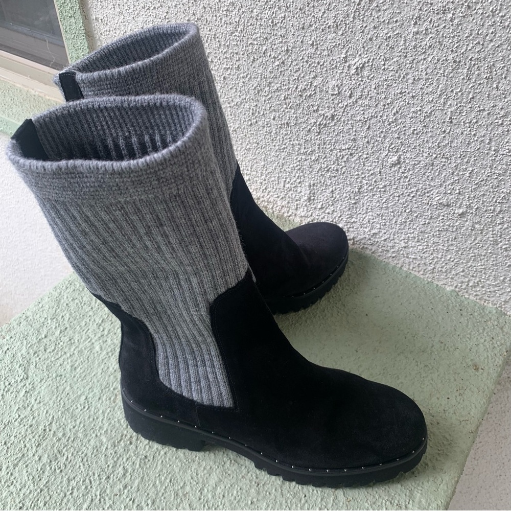 Freda Salvador Mid Calf Knit Black Suede Lug Sole Boots - Picture 3 of 14